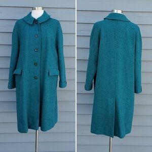Vintage 50s 60s Harris Tweed Turquoise Green Diagonal Stripe Wool Trench Coat XL